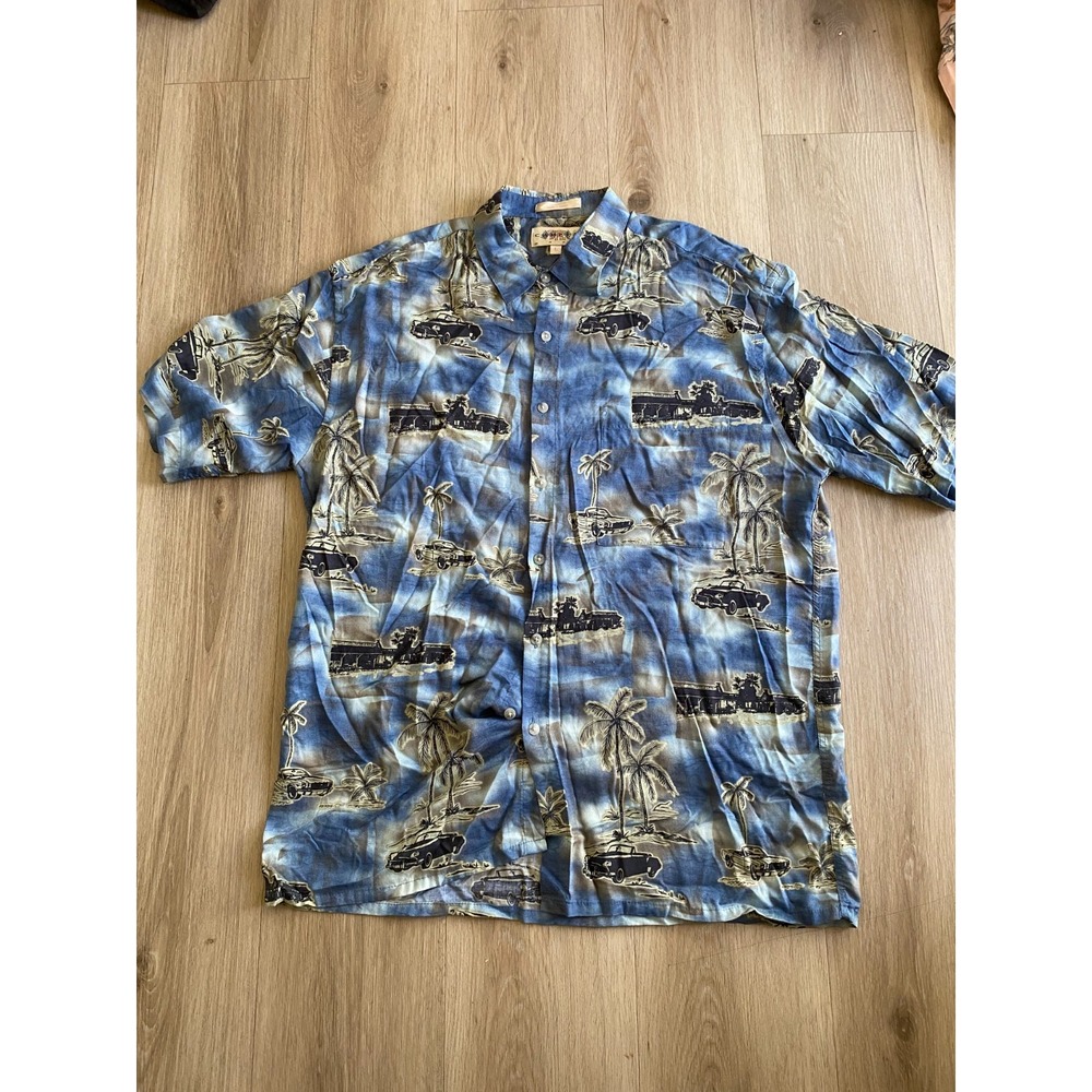 Campia Moda Mens Hawaiian Shirt Blue Tropical Scenic Palm Trees Aloha